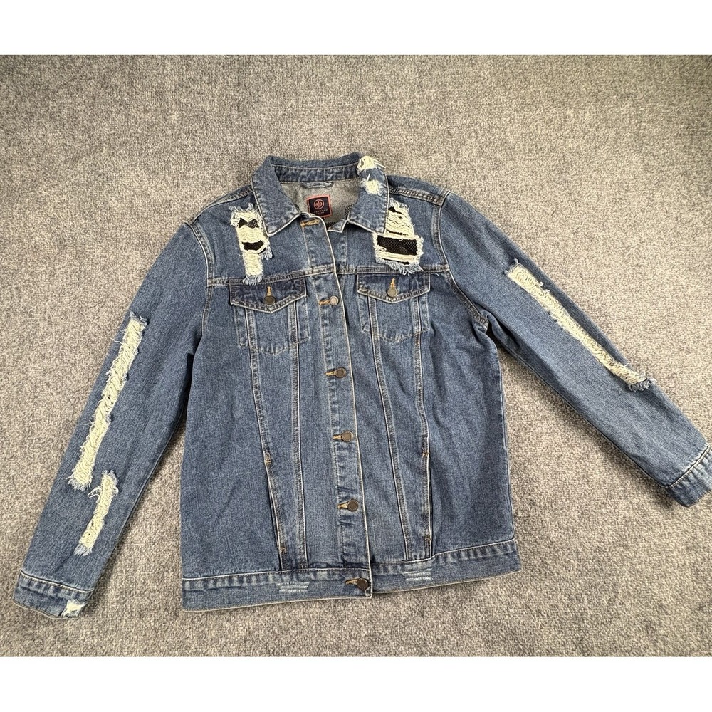 Boom‎ Boom Jeans Jacket Women's L Blue Distressed Trucker Grunge Punk Y2K Moto